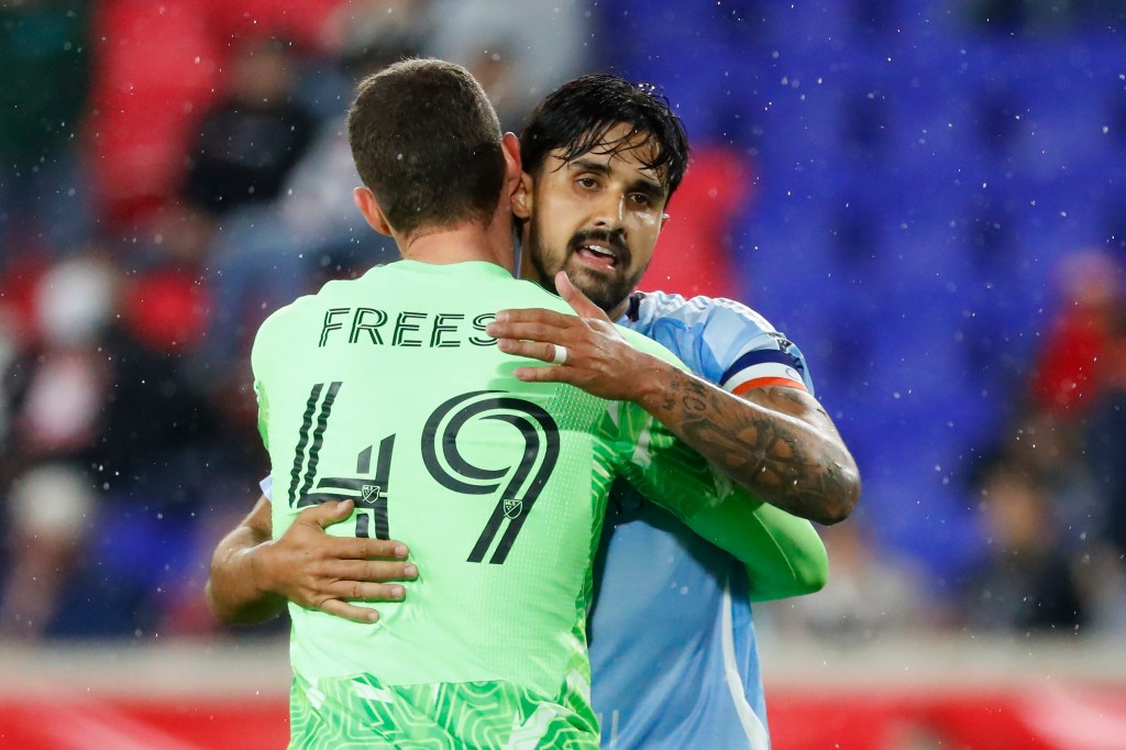 New York City Football Club goalkeeper Matt Freese (49) and Thiago Martins react after defeating Red Bull New York 3-1. Wednesday, April 29, 2026 in Harrison, N.J.