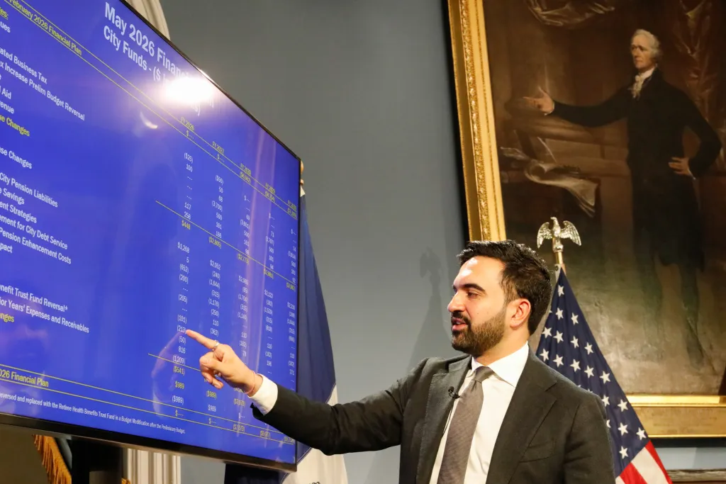 Mayor Zohran Mamdani speaks at City Hall about his executive budget