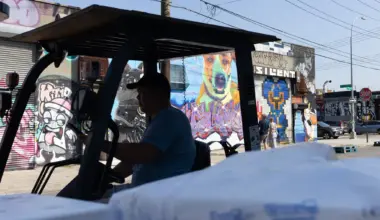 A worker drives a forklift in an industrial part of Bushwick, July 9, 2026. Credit: Ben Fractenberg/The City Reporter