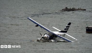 Emergency services on a boat respond to a crashed seaplane in the East River on 5 July 2026 in New York City.