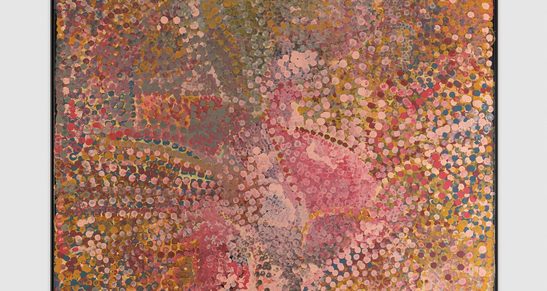 Emily Kam Kngwarray, Mern Anwelarr, 1992. Acrylic on linen, 59 × 47 ¼ inches. © Emily Kam Kngwarray / Artists Rights Society (ARS), New York.