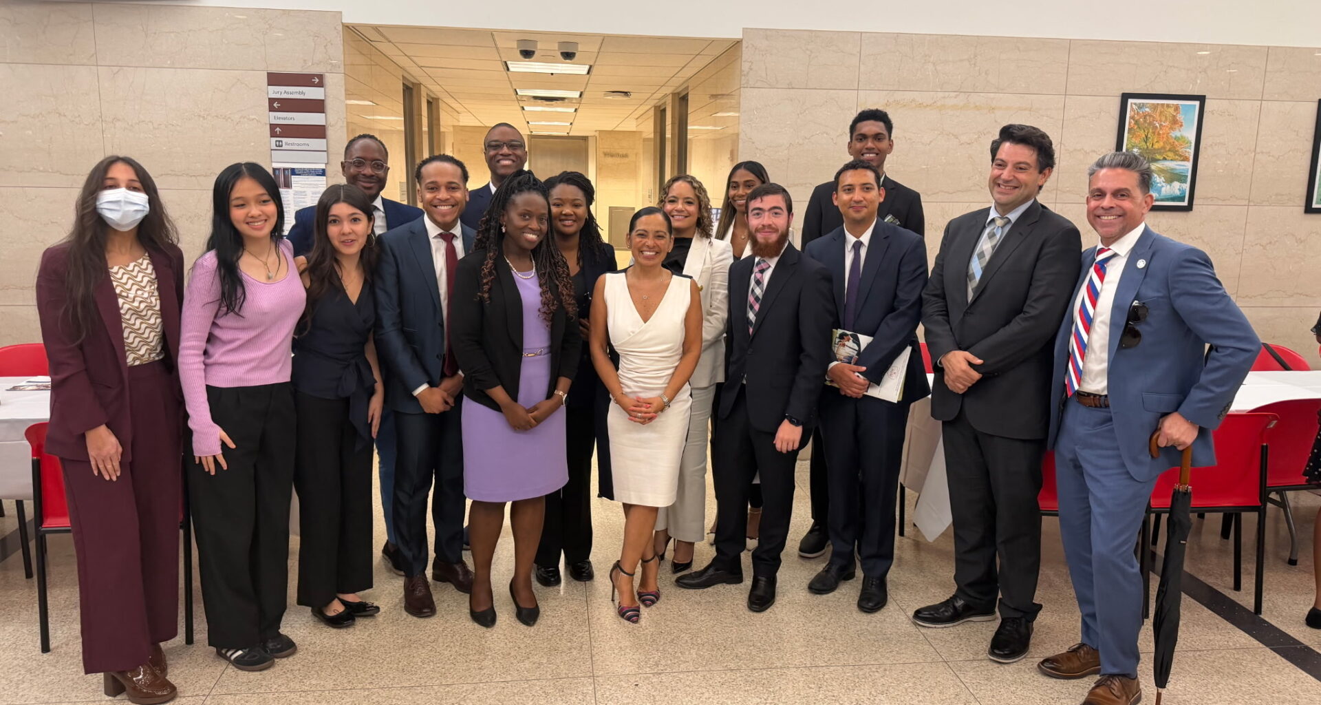 From left: Olivia R. Nacionales, Rachel Chang, Sofia Lay, Kemar Hermitt, Ronald Cosme Jr., Gregory Coleman, Hon. Betsey Jean-Jacques, Kethia Sanon, Hon. Joanne D. Quiñones, Alejandra M. Reyes, Naya Brown-Yohay, Harvey Gross, Shawn McDonald, Brandon Willabus, Robert Abruzzese and Hon. Raymond L. Rodriguez. Photo: Wayne Daren Schneiderman/Brooklyn Eagle