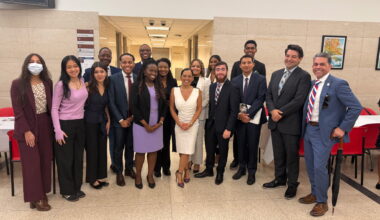 From left: Olivia R. Nacionales, Rachel Chang, Sofia Lay, Kemar Hermitt, Ronald Cosme Jr., Gregory Coleman, Hon. Betsey Jean-Jacques, Kethia Sanon, Hon. Joanne D. Quiñones, Alejandra M. Reyes, Naya Brown-Yohay, Harvey Gross, Shawn McDonald, Brandon Willabus, Robert Abruzzese and Hon. Raymond L. Rodriguez. Photo: Wayne Daren Schneiderman/Brooklyn Eagle