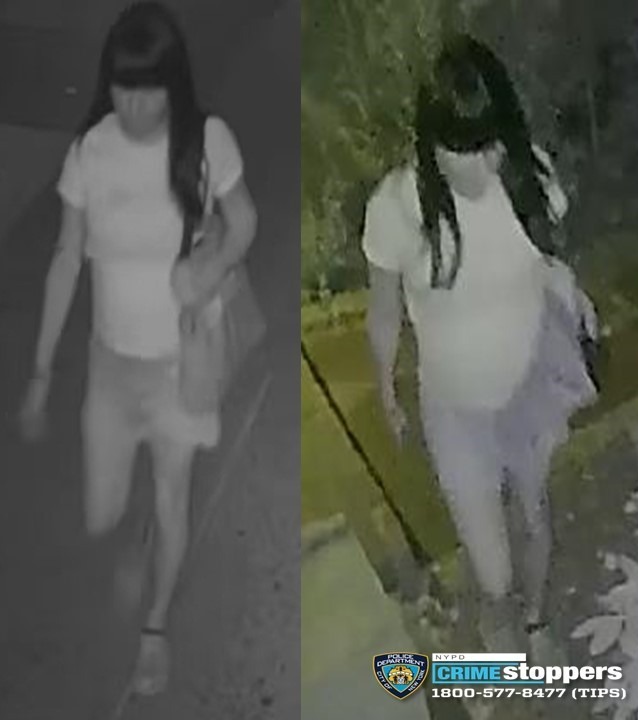 Collage of two dark security camera images showing an unidentified individual with long dark hair, bangs, a white t-shirt, and shorts walking outdoors.