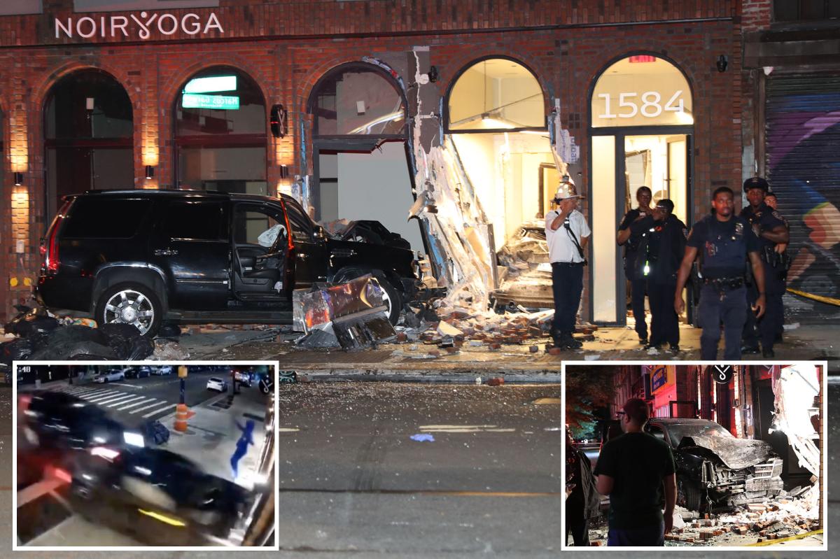 Wild video shows two cars almost hit pedestrian as smash into Brooklyn building in suspected road rage clash