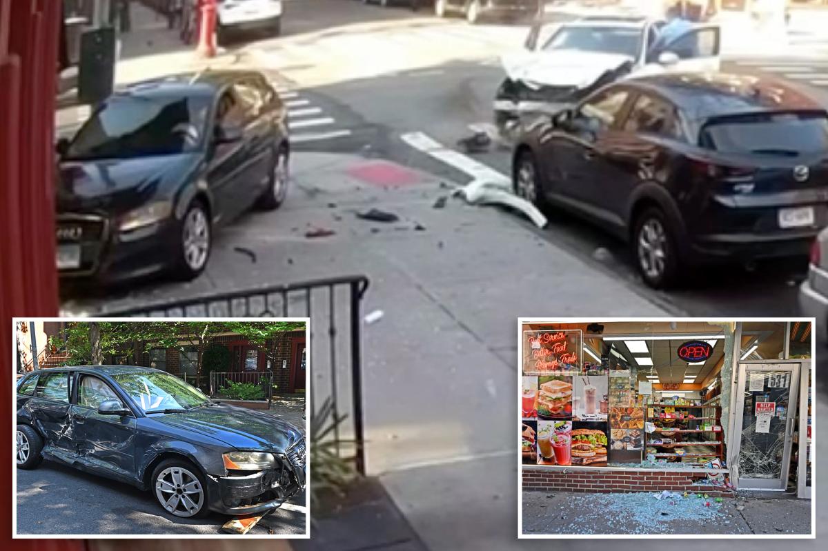 Video shows NYC driver nearly hit cop before car flies into deli