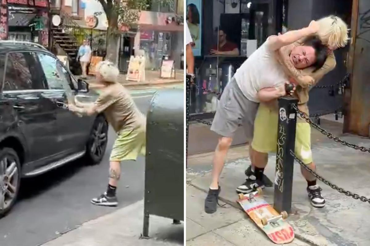 Exclusive | Wild video shows pitiful NYC street fight between skateboarder and Mercedes driver -
