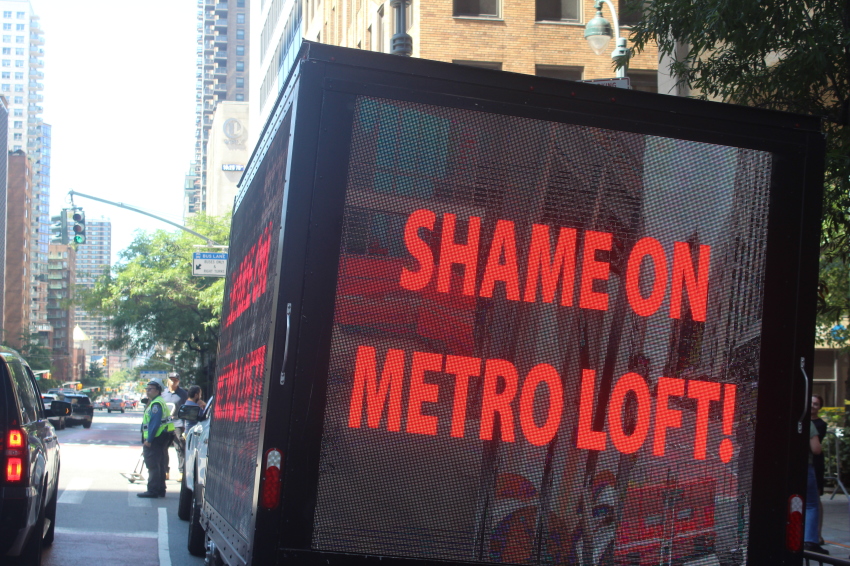 Union advocates protest MetroLoft on a truck in Midtown Manhattan on Wednesday, July 8, 2026.