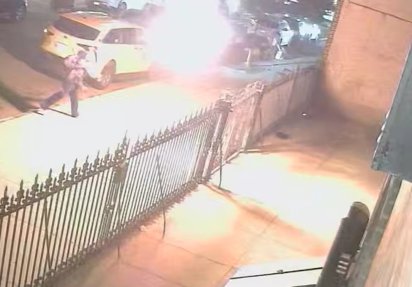 Surveillance footage shows an individual throwing a Molotov cocktail at a Baptist church in Queens, New York, late Wednesday evening, July 8, 2026.