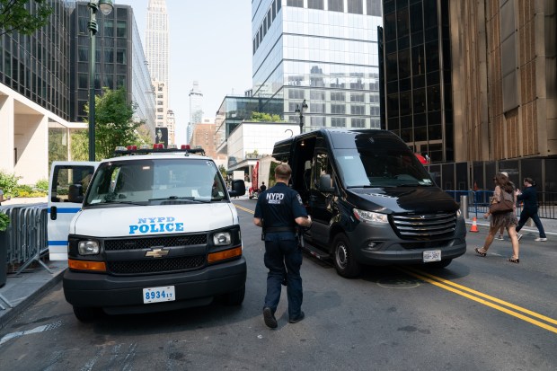NYPD officers are pictured outside Madison Square Garden as preparations are supposedly underway for alleged wedding festivities for Taylor Swift and Travis Kelce on Wednesday, July 1, 2026, in Manhattan, New York. (Barry Williams/ New York Daily News)