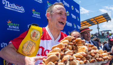 Weigh-in for Nathan's Famous Fourth of July hot dog-eating contest at Coney Island, Brooklyn