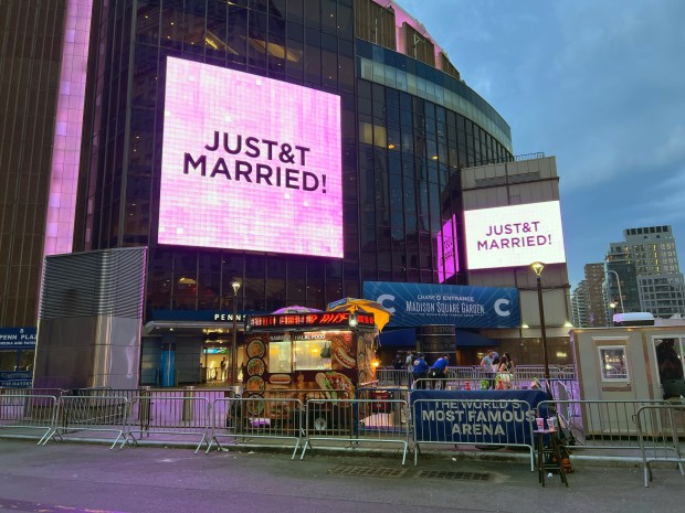 "JUST&T MARRIED" is posted on the screen outside of Madison Square Garden on Friday. (Barry Williams / New York Daily News)