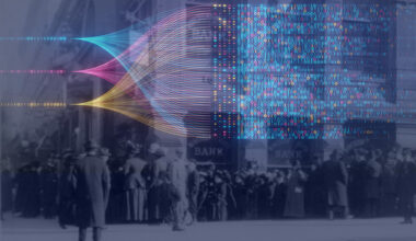 Created image of an early 20th Century bank run with pink, blue and yellow flow concept. Querying, analysing, visualizing neural network for artificial intelligence. Data mining.
