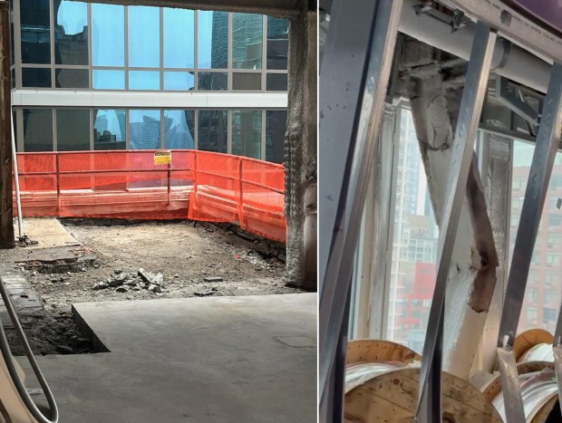 Construction workers were evacuated from a Midtown Manhattan skyscraper at 235 E. 42nd St. at Second Ave. Tuesday after two interior columns began to buckle. (Barry Williams / New York Daily News; Obtained by Daily News)