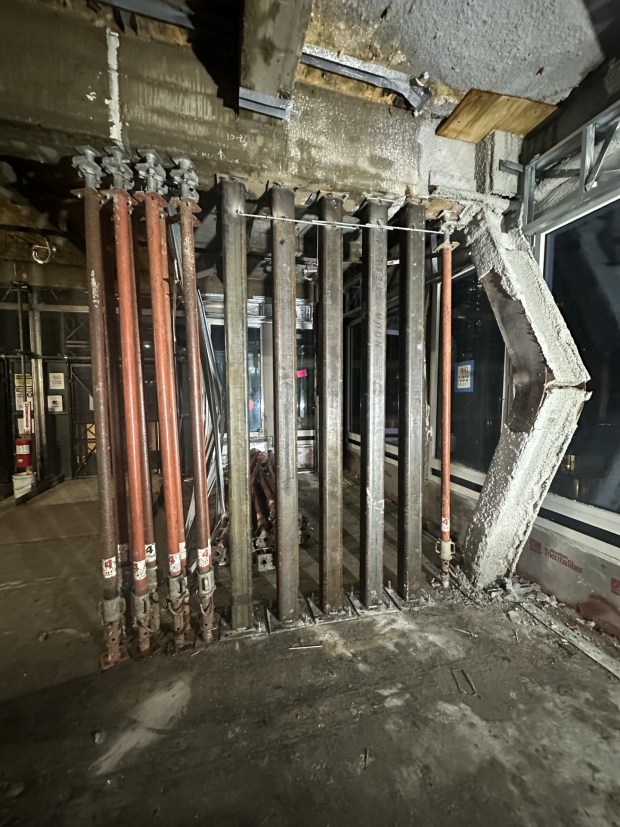 Officials released an image of work done to correct structural problems at the former Pfizer building on 42nd St. (Dept. of Buildings via X)