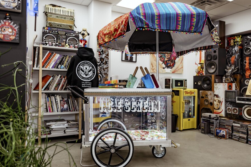 An installation styled as a paleta cart is part of Victor "Marka27" Quiñonez's "I.C.E. Scream" series.