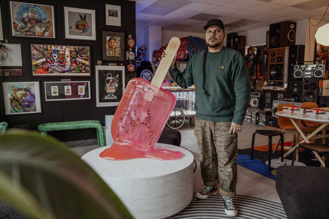 Victor "Marka27" Quiñonez, Mexican-born, Brooklyn-based visual artist in his studio in Ridgewood, Queens, on May 14, 2026.
