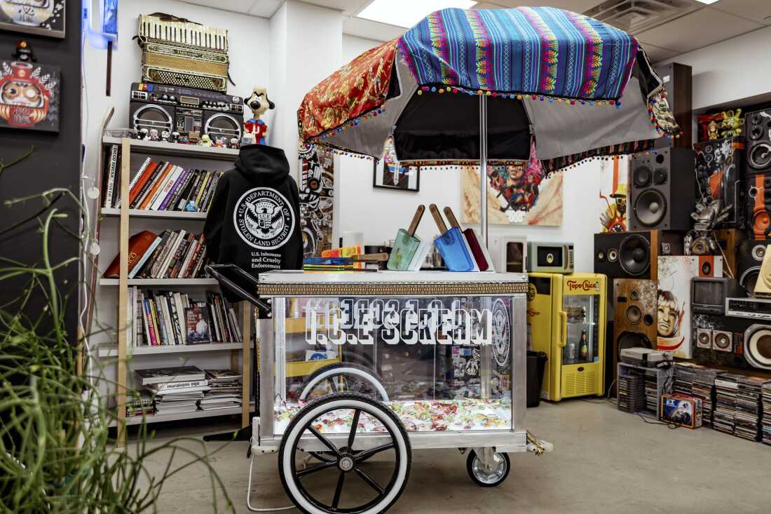 An installation styled as a paleta cart is part of Victor "Marka27" Quiñonez's "I.C.E. Scream" Series.