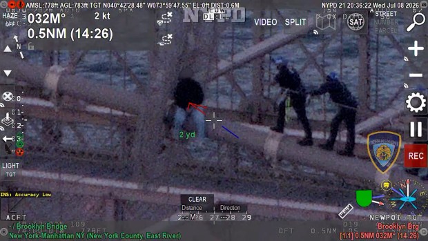 Authorities released video, that includes a mixture of surveillance footage and body-camera video, showing NYPD officers save a woman who was threatening to jump from the Brooklyn Bridge. (NYPD)