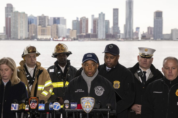 New York City Mayor Eric Adams speaks during a press conference at Pier 40, where a helicopter went down in the Hudson River between Manhattan and the New Jersey waterfront, Thursday, April 10, 2025, in New York. (AP Photo/Yuki Iwamura)