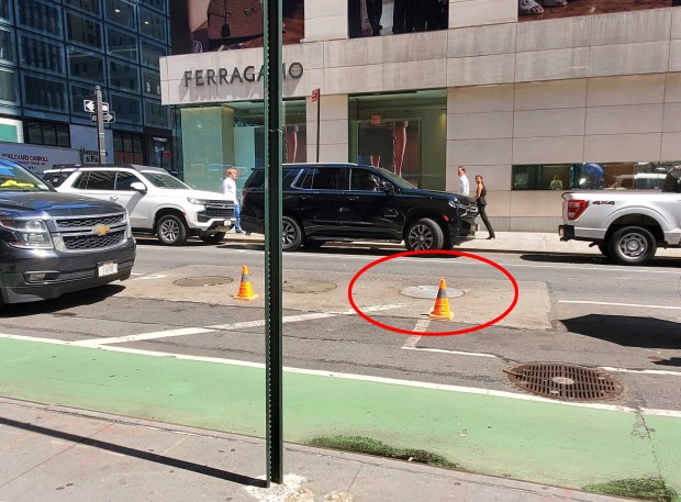 Donike Gocaj died after falling into a manhole (circled) in Manhattan on Monday, May 18, 2026. (Nicholas Williams / New York Daily News)