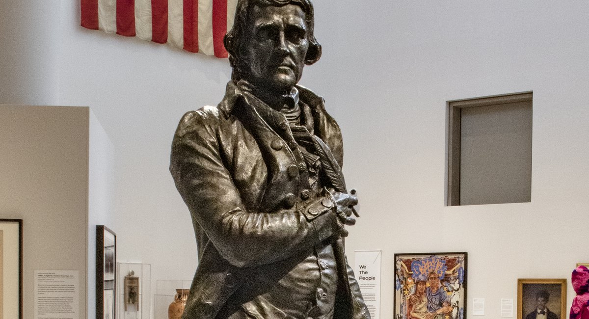 Jefferson statue's quill broke en route to a NY Historical show on Democracy