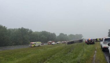 Passenger bus rolls over on New York State Thruway in Plattekill, Ulster County