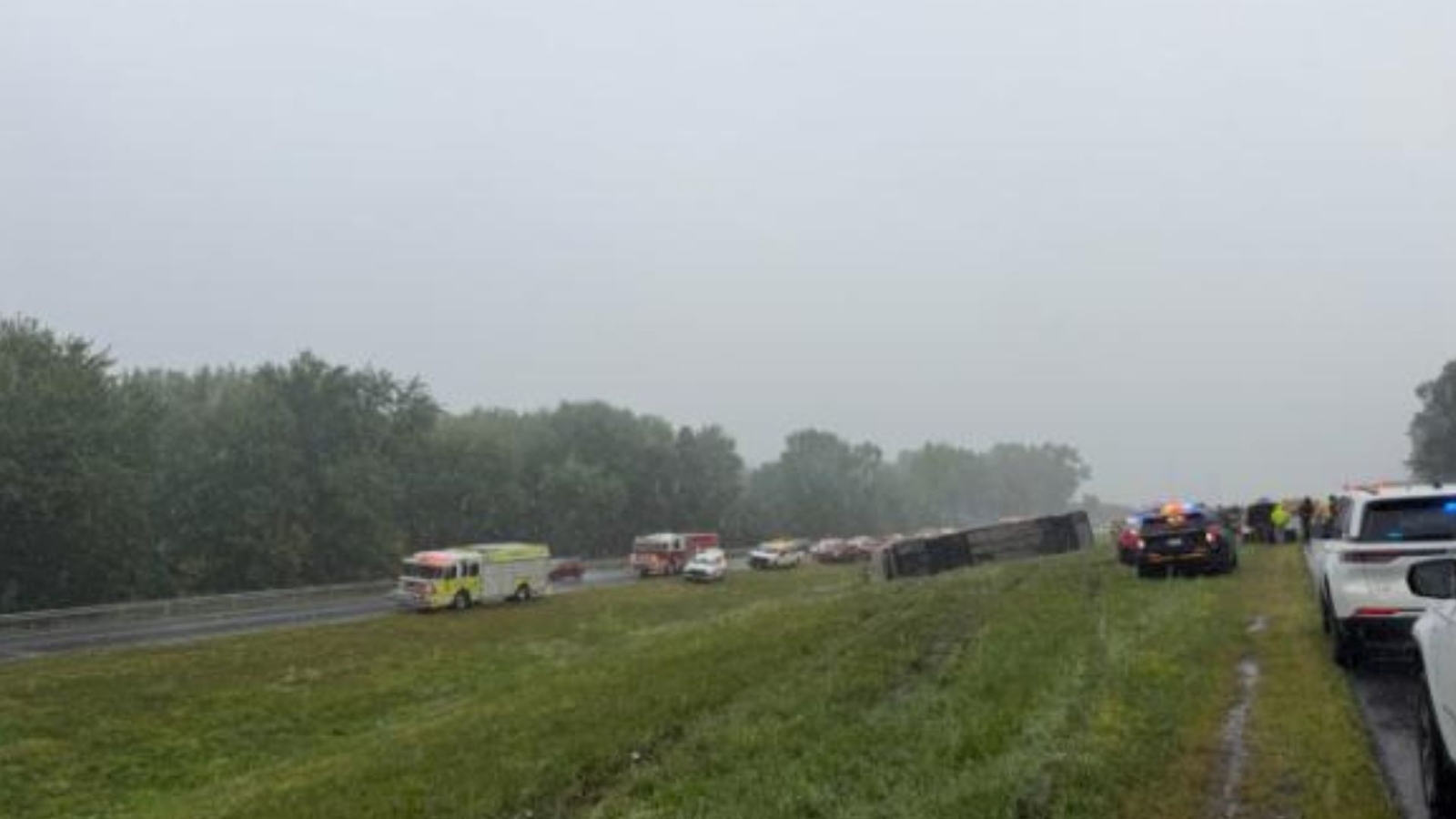 Passenger bus rolls over on New York State Thruway in Plattekill, Ulster County