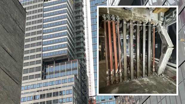 A building at the corner of E. 42nd St. and Second Ave. in Manhattan suffered from structural damage. The Department of Buildings released a photo (inset) showing the emergency work they did to prevent a full collapse. (Barry Williams / New York Daily News; Dept. of Buildings via X)