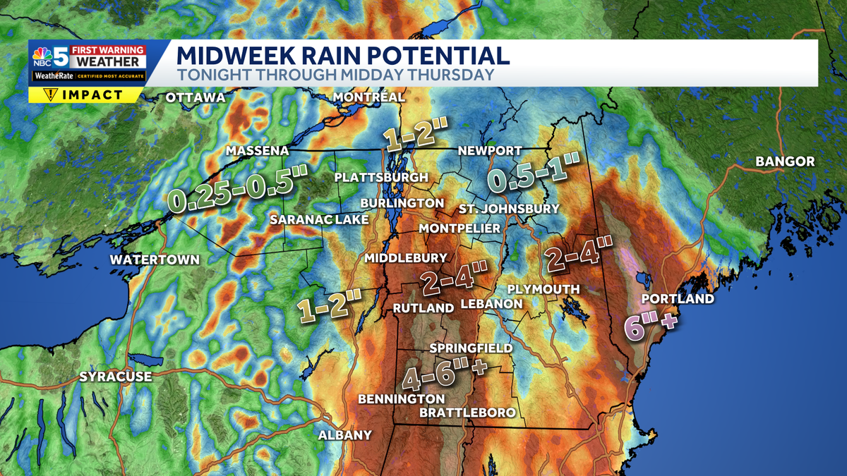 Flooding possible in parts of Vermont, New York as torrential rain arrives late Tuesday night