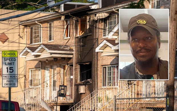 NYPD officers shot and wounded armed suspect Keegan Thompson (inset) at a Queens home on Ocean Crest Blvd. near Hartman Ln. in Far Rockaway, where two of the suspect's relatives were found dead and a fire was started on Saturday, July 25, 2026. (Theodore Parisienne / New York Daily News; Facebook)