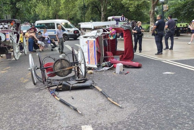 The aftermath of an out-of-control horse-drawn carriage is pictured in Central Park on Wednesday, June 17, 2026. (Obtained by Daily News)