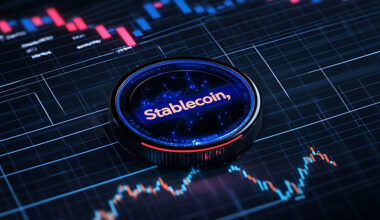 decorative image of bar chart and circle with stablecoin written on dark background.