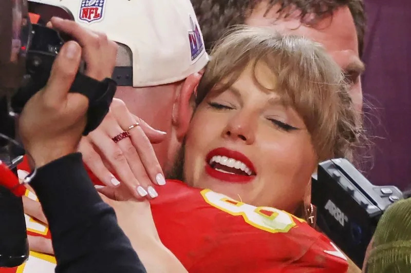 Kansas City Chiefs tight end Travis Kelce hugs his girlfriend Taylor Swift after the Kansas City Chiefs defeated the San Francisco 49ers 25-22 in overtime to win Super Bowl LVIII at Allegiant Stadium in Las Vegas, in 2024. File Photo by James Atoa/UPI