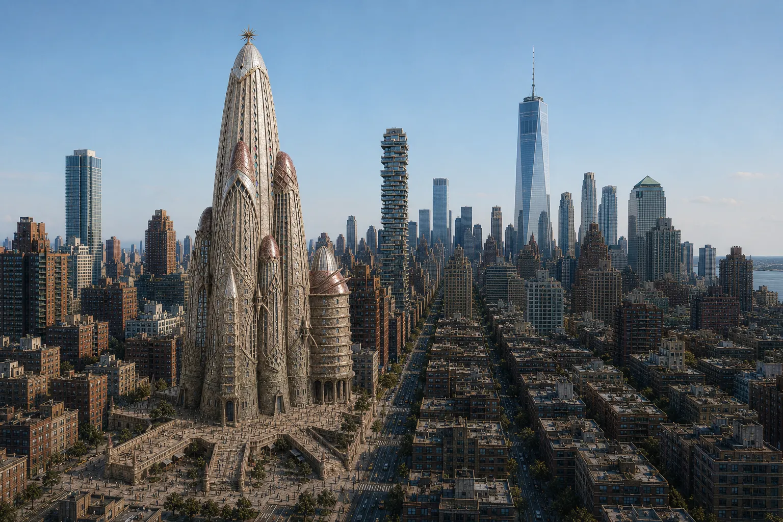 A rendering of an overview of Hotel Attraction seen against the New York City skyline.