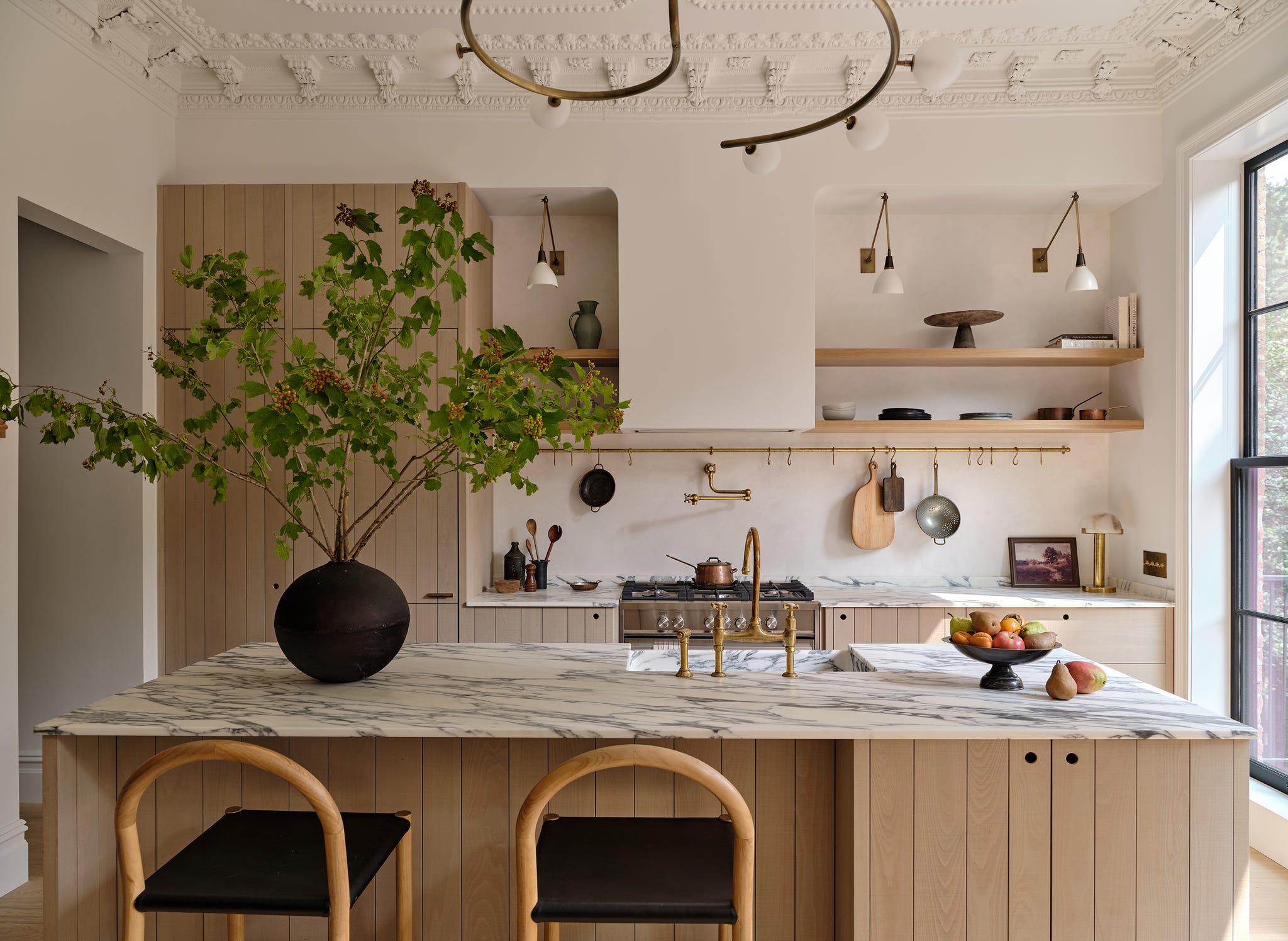a kitchen with a plant on the counter
