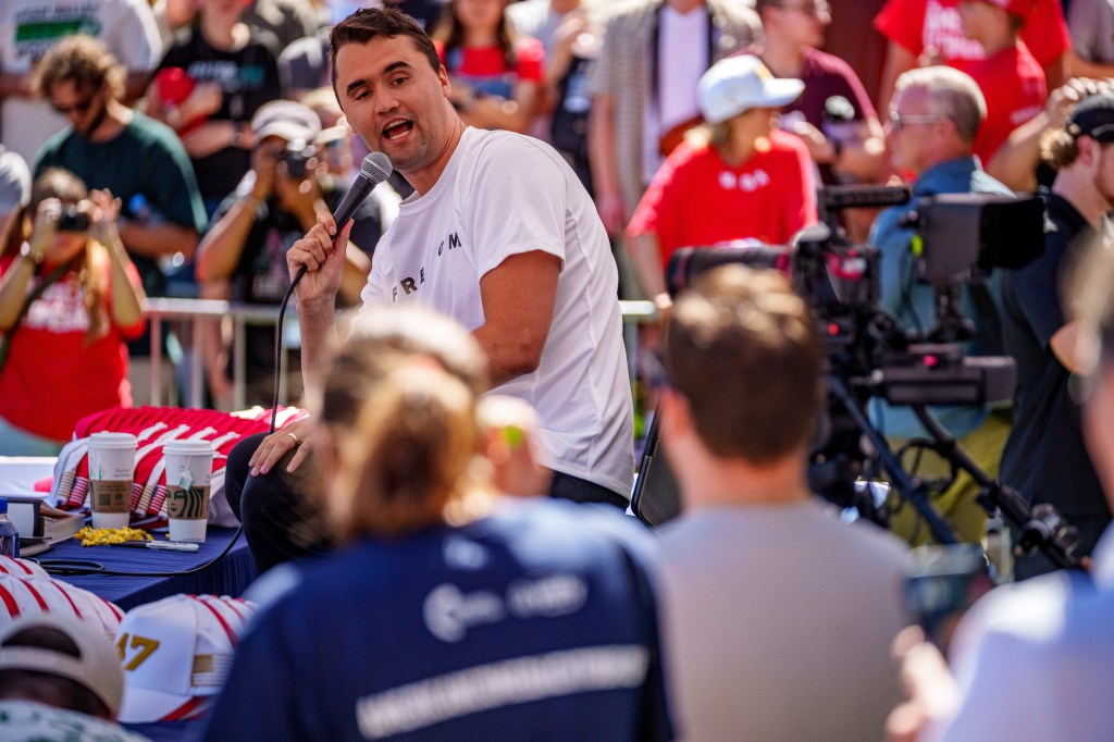 Charlie Kirk speaking at Utah Valley University in Orem, Utah.