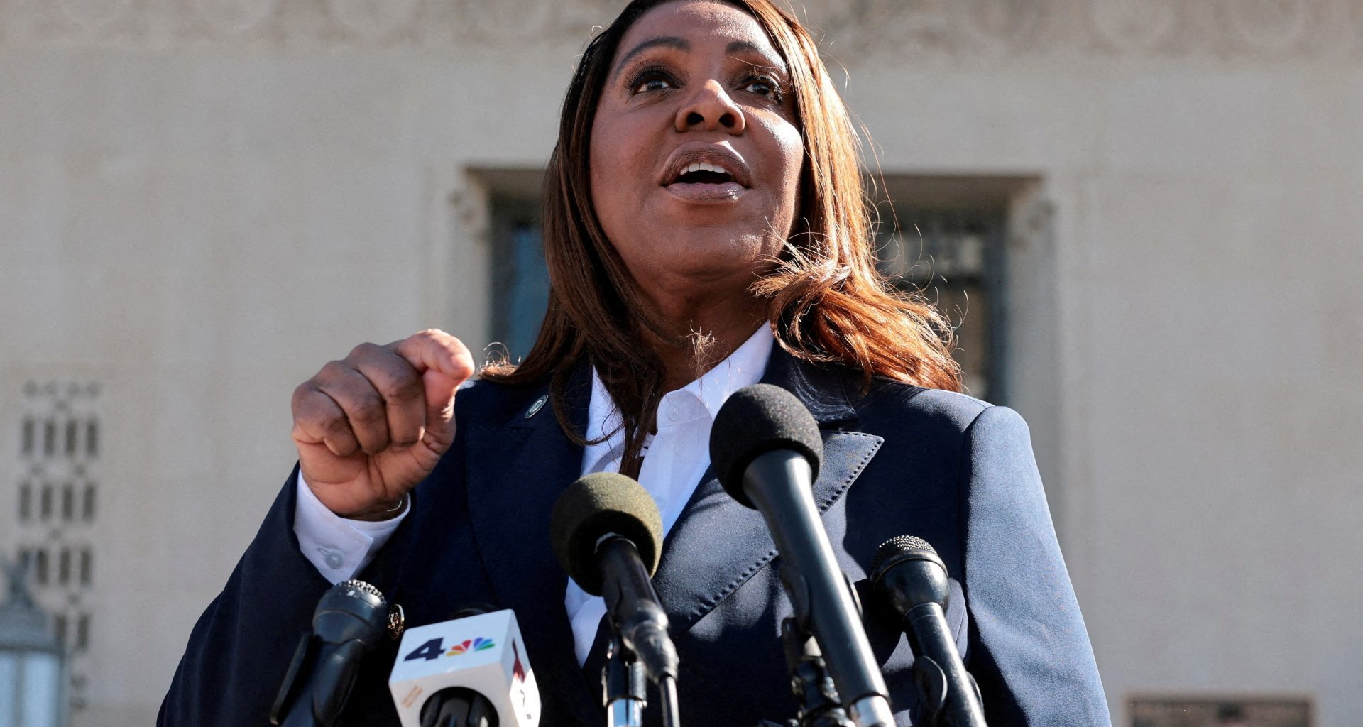 FILE PHOTO: New York Attorney General Letitia James speaks to the media in Norfolk, Virginia, U.S., October 24, 2025.