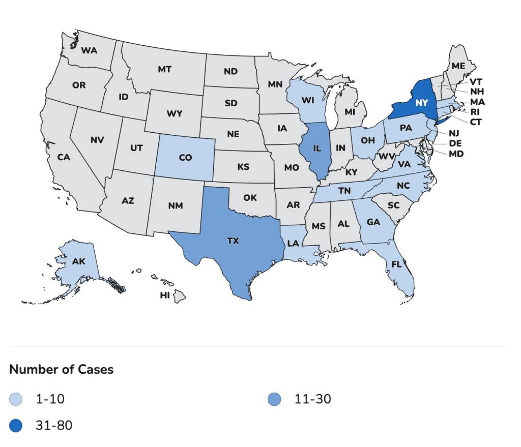 Map of cyclosporiasis cases in the US by state, indicating 1-10, 11-30, and 31-80 cases.