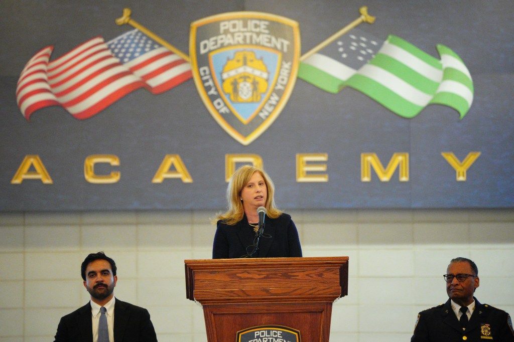 New York City Police Commissioner Jessica Tisch with Mayor Zohran Mamdani during a ceremony renaming the New York City Police Department Police Academy.