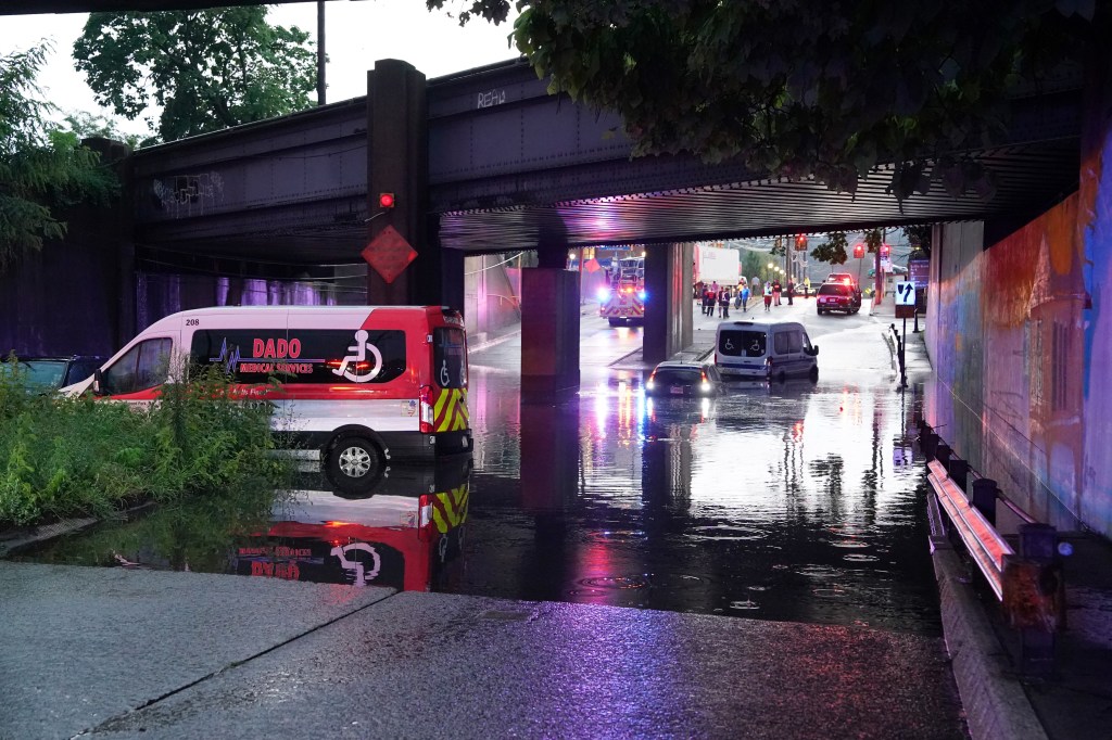 Vehicles trapped in floodwaters under a train underpass, with emergency lights reflecting in the water.