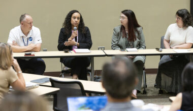 Participating in a panel on STEM workforce development at Binghamton University were, from left, Matthew Sheehan, director for the Center for Career and Technical Excellence at Broome-Tioga BOCES; Shanise Kent, assistant provost and director of workforce development; Amy Williamson ’20, the planning and community development manager for The Agency; and Christine McLear, workforce development senior lead at multinational semiconductor firm GlobalFoundries Inc.