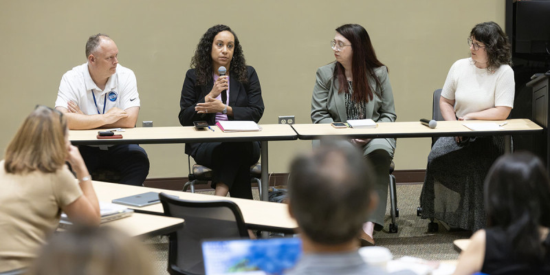 Participating in a panel on STEM workforce development at Binghamton University were, from left, Matthew Sheehan, director for the Center for Career and Technical Excellence at Broome-Tioga BOCES; Shanise Kent, assistant provost and director of workforce development; Amy Williamson ’20, the planning and community development manager for The Agency; and Christine McLear, workforce development senior lead at multinational semiconductor firm GlobalFoundries Inc.