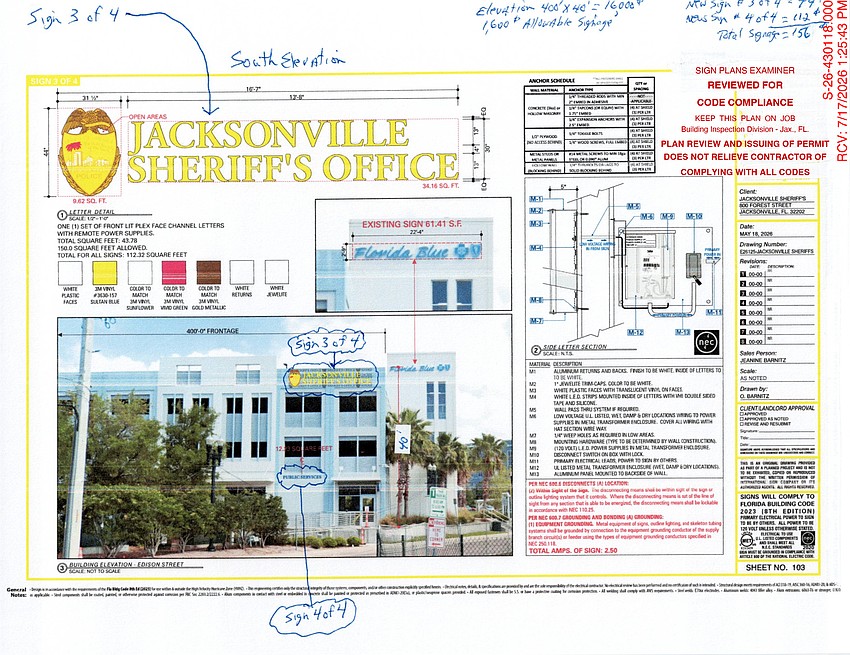 A city site plan shows a rendering of the Jacksonville Sheriff's Office sign planned to face Edison Avenue, one of four signs going up at the 800 Forest St. parking garage as the department consolidates operations at the site. A city site plan shows a rendering of the Jacksonville Sheriff's Office sign planned to face Edison Avenue, one of four signs going up at the 800 Forest St. parking garage as the department consolidates operations at the site.