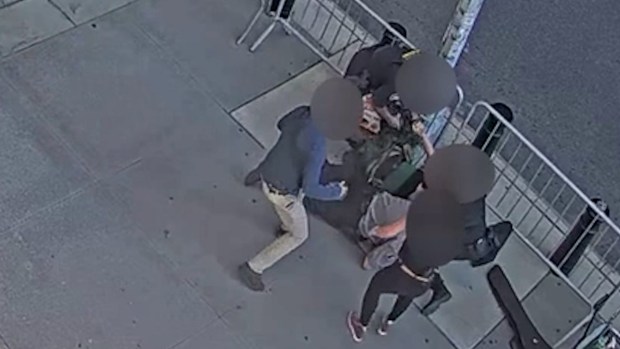 Authorities released surveillance footage of the moment they said Andrew Arrabaca, an Army veteran, set off fireworks and appears to brandish a weapon outside 26 Federal Plaza in New York City on Monday, July 20, 2026. (U.S. Attorney's Office)