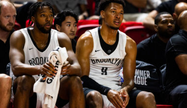 Brooklyn Nets forward Joshua Jefferson (9) watches from the bench during an NBA Summer League g ...