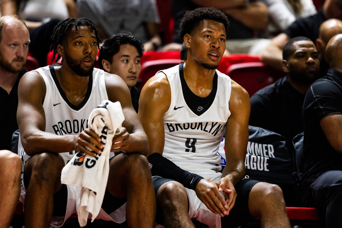 Brooklyn Nets forward Joshua Jefferson (9) watches from the bench during an NBA Summer League g ...