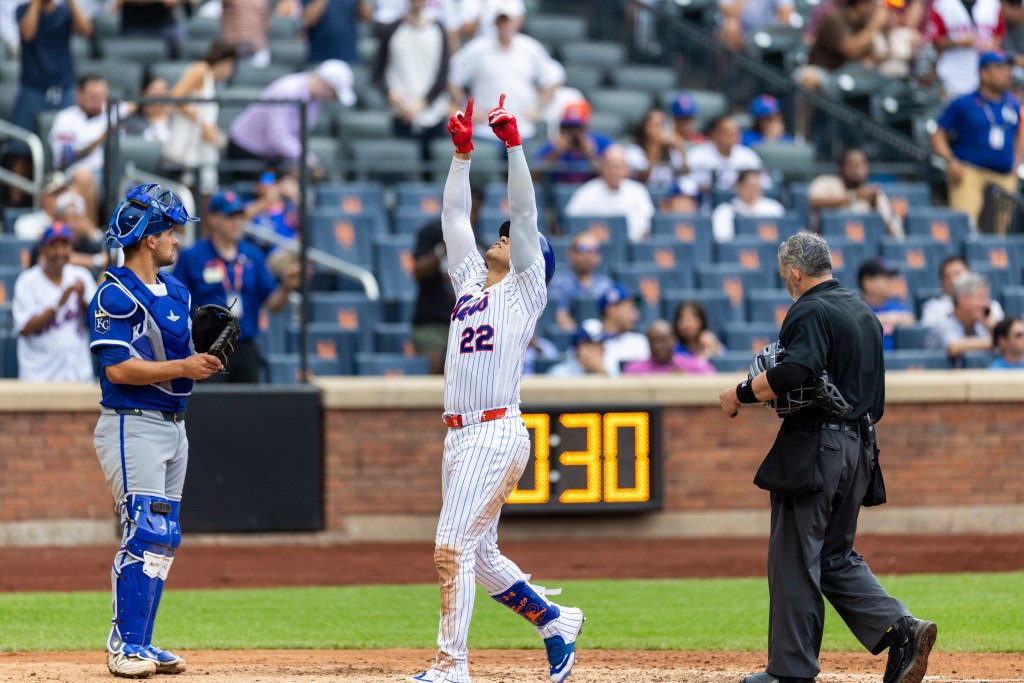 Juan Soto celebrates after scoring a home run against the Kansas City Royals.