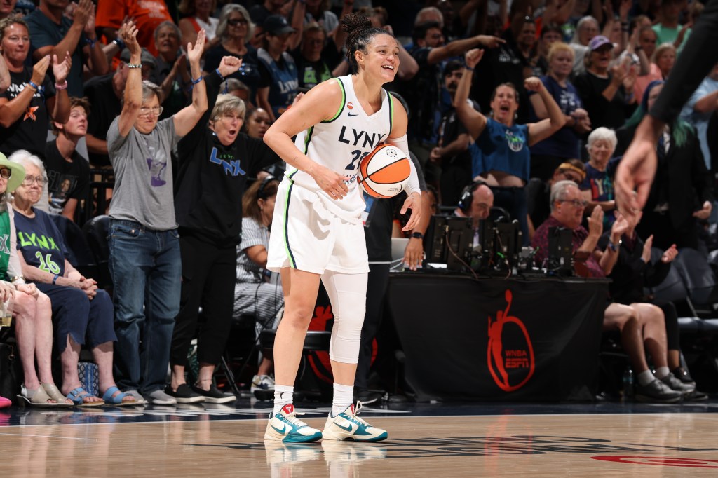 Kayla McBride #21 of the Minnesota Lynx smiles during the game against the New York Liberty on July 11, 2026 at Target Center in Minneapolis, Minnesota.