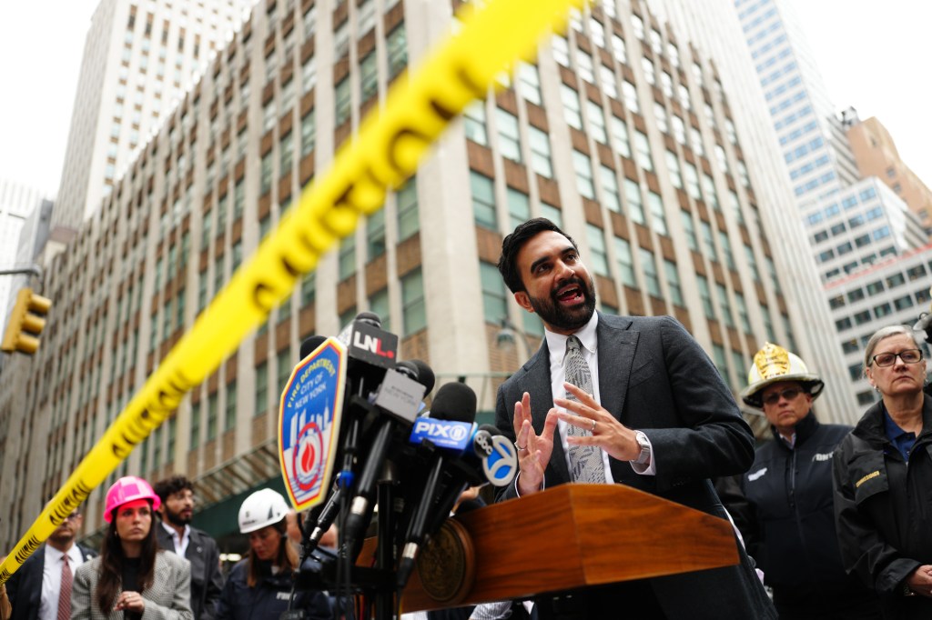 New York City Mayor Zohran Mamdani speaks during a press conference about a high-rise evacuation.